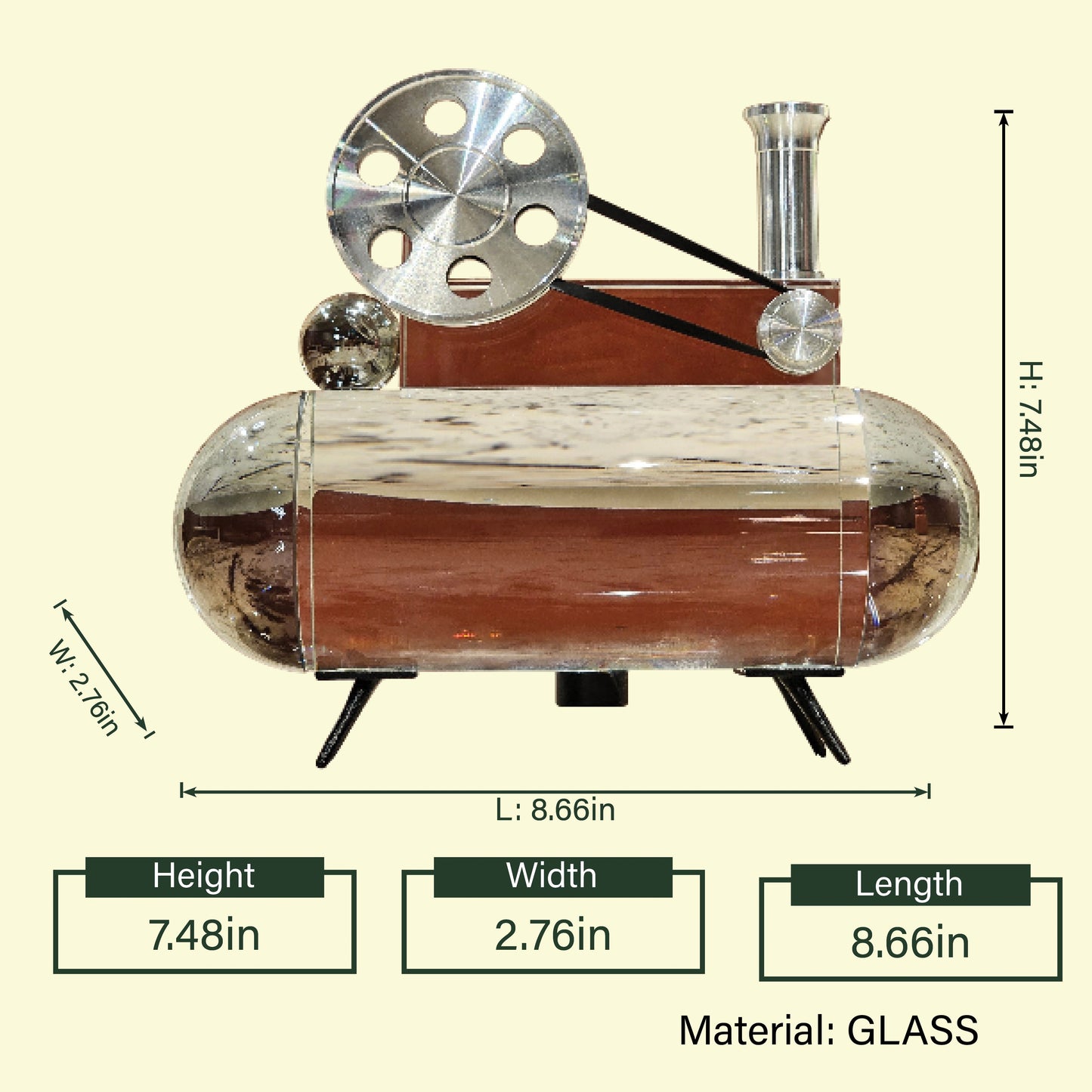 Film reel inspired decor piece with metal wheel and glass base, cinematic themed tabletop accent for home bar, studio or modern interior styling