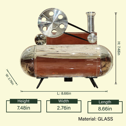 Film reel inspired decor piece with metal wheel and glass base, cinematic themed tabletop accent for home bar, studio or modern interior styling