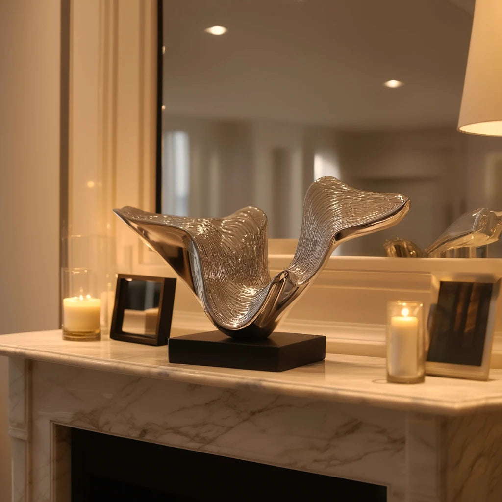 Abstract decor piece with fluid wave form, modern tabletop accent in silver finish on black base for luxury living room styling