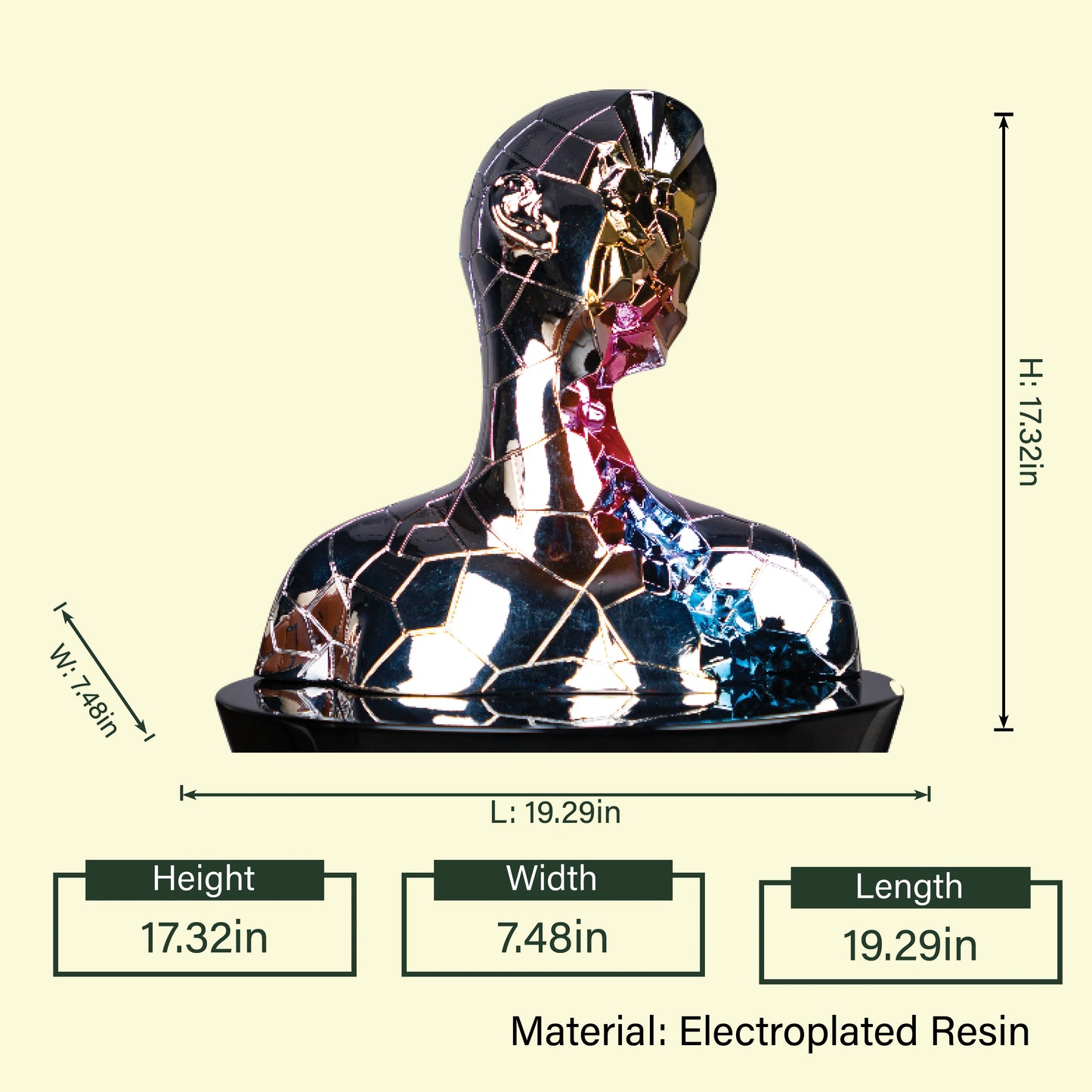 Contemporary human bust figurine with multicolor reflective accents and metallic finish for luxury tabletop decor and artistic interior styling