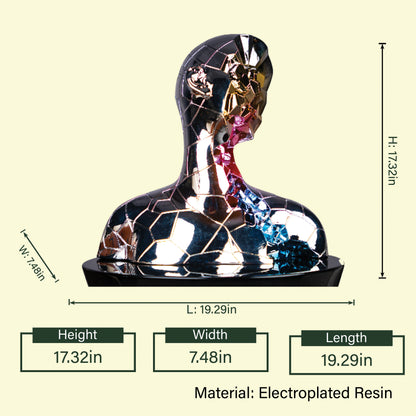 Contemporary human bust figurine with multicolor reflective accents and metallic finish for luxury tabletop decor and artistic interior styling