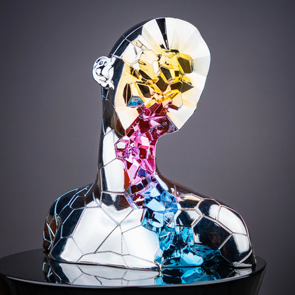 chrome silver abstract human bust with multicolor mosaic accents