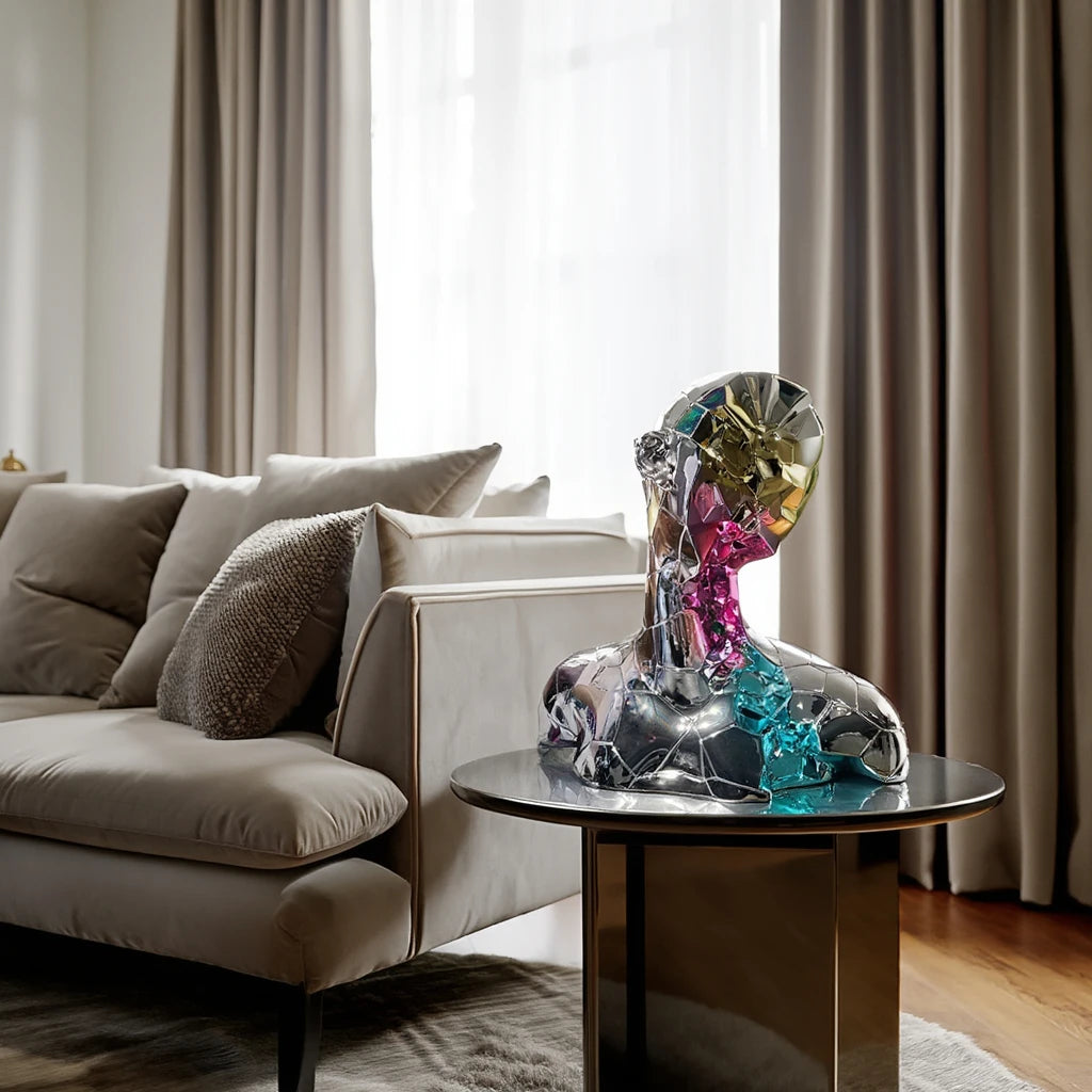 Luxury abstract geometric bust sculpture with reflective prism face detailing displayed on a modern glass coffee table in a contemporary living room