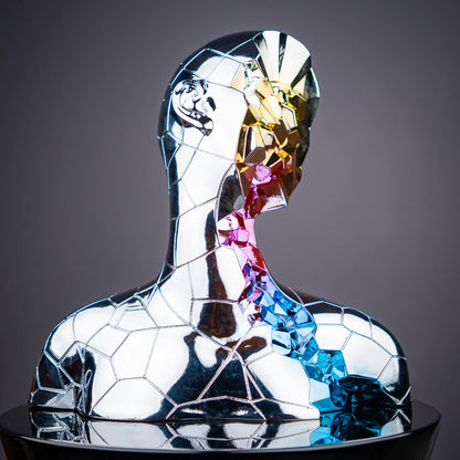 chrome silver abstract human bust with multicolor mosaic accents