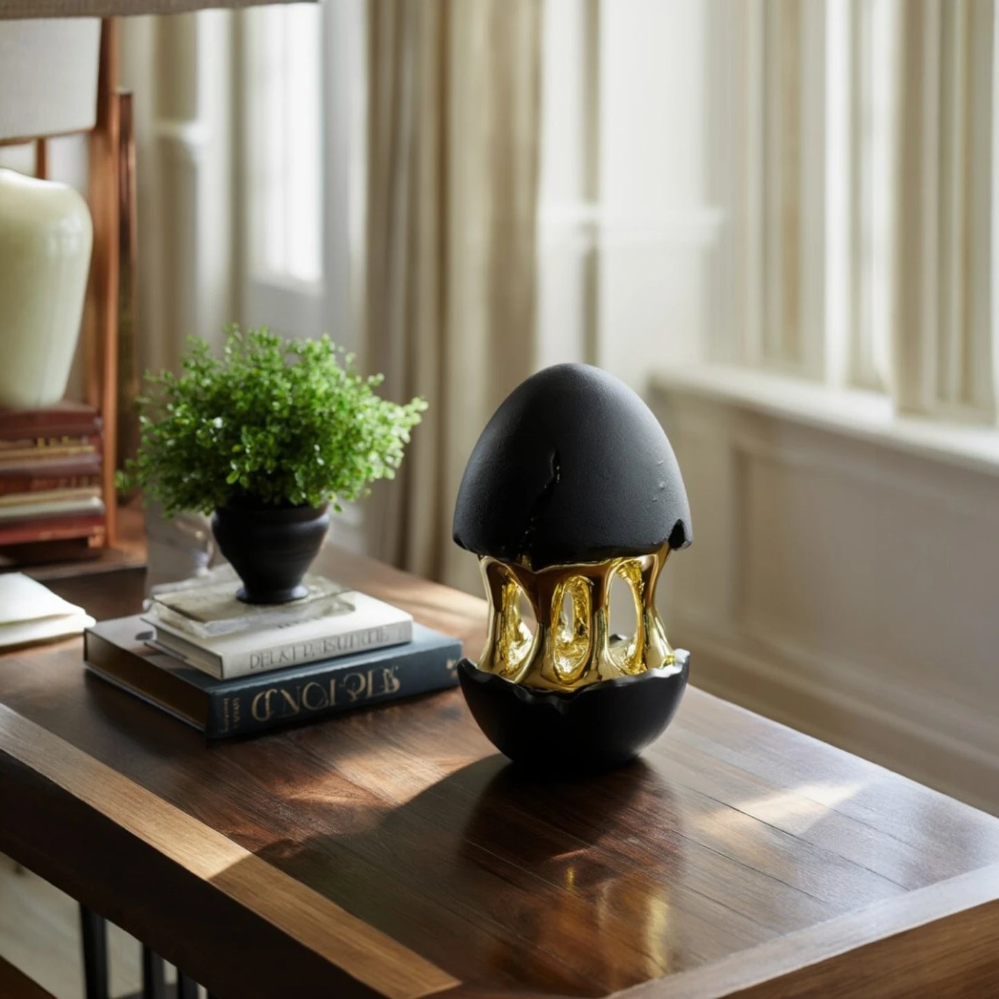 Contemporary abstract decor accent with black matte finish and gold detailing for stylish home interiors