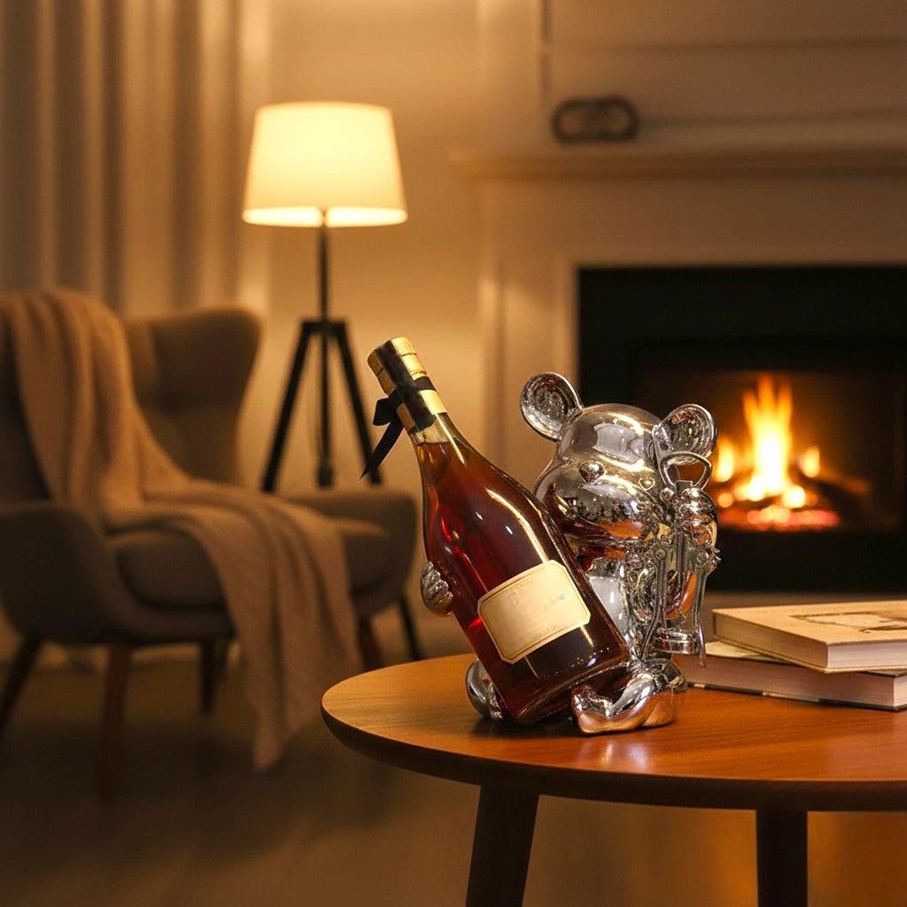 Luxury bear wine bottle holder featuring a chrome finish with an integrated corkscrew, designed to display wine bottles while adding elegance to home bars, dining rooms and contemporary interiors.