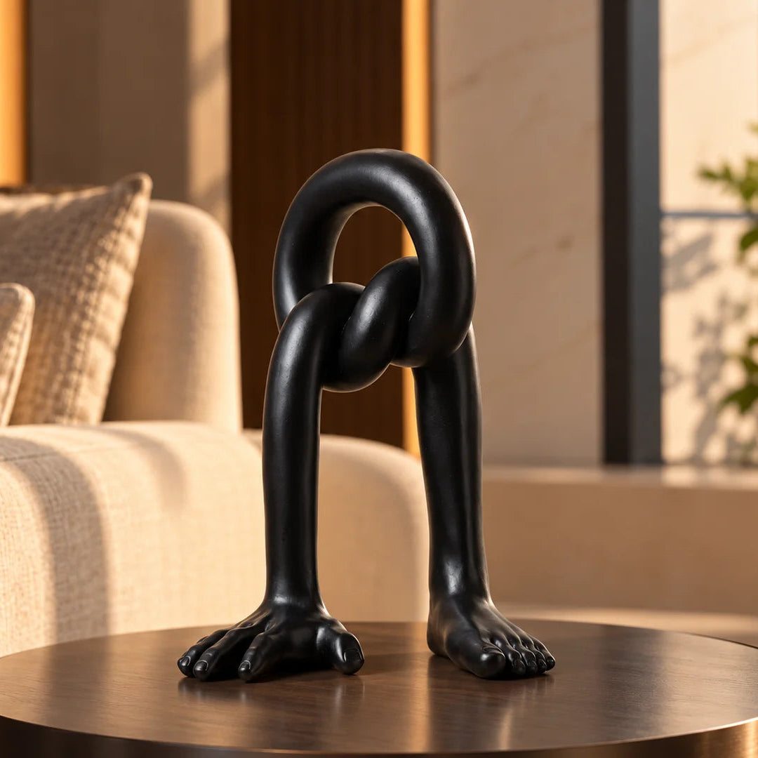 A black resin sculpture of an intertwined hand and foot, symbolizing balance, displayed on a wooden stand against a white background.