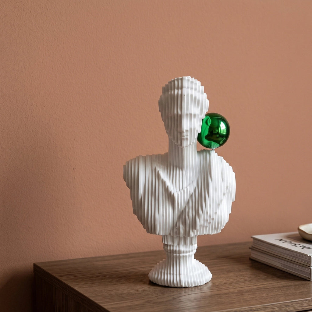 White abstract ribbed bust sculpture with green accent sphere, modern console decor piece for living room styling, minimal interior aesthetic