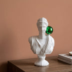 White abstract ribbed bust sculpture with green accent sphere, modern console decor piece for living room styling, minimal interior aesthetic
