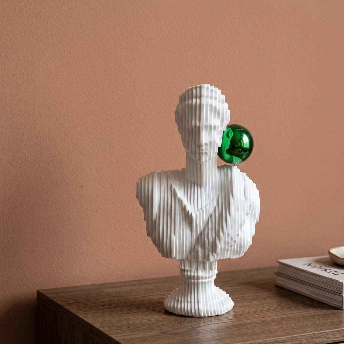 White abstract ribbed bust sculpture with green accent sphere, modern console decor piece for living room styling, minimal interior aesthetic