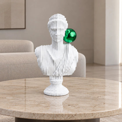 White abstract ribbed bust sculpture with green accent sphere, modern console decor piece for living room styling, minimal interior aesthetic