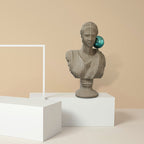 Neutral beige ribbed human bust decor sculpture with green accent sphere, minimalist tabletop decor for modern homes, shelves and console styling