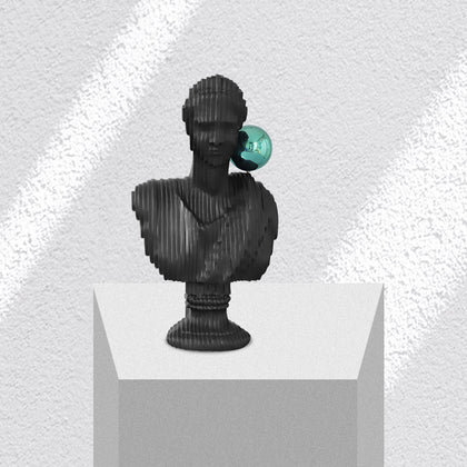 Matte black modern bust sculpture featuring an abstract human face design for luxury contemporary home décor