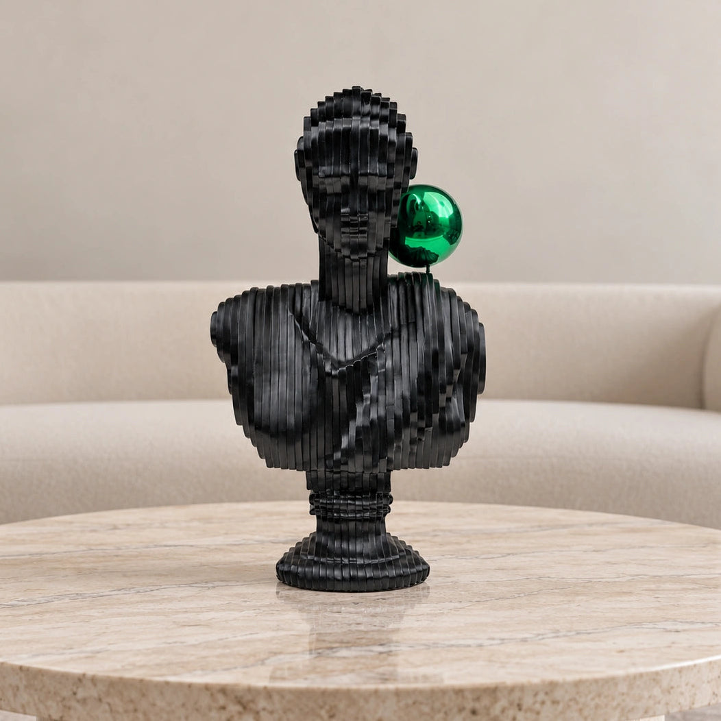 White abstract ribbed bust sculpture with green accent sphere, modern console decor piece for living room styling, minimal interior aesthetic