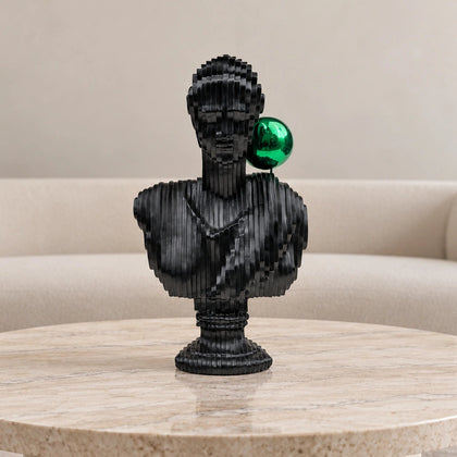 White abstract ribbed bust sculpture with green accent sphere, modern console decor piece for living room styling, minimal interior aesthetic