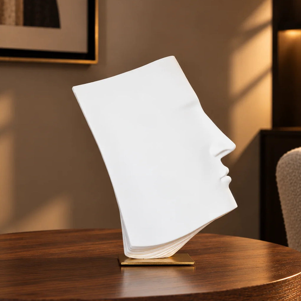 Abstract face decor piece in matte white finish, modern human form tabletop accent for living room, shelf or console styling