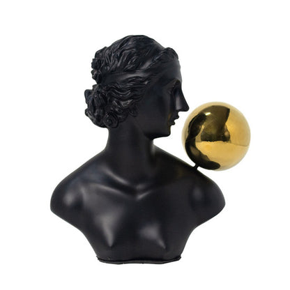 Matte black Greek bust decor with floating gold orb for modern tabletop styling