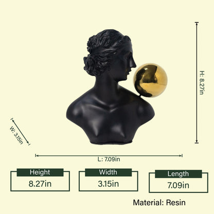 Matte black Greek bust decor with floating gold orb for modern tabletop styling