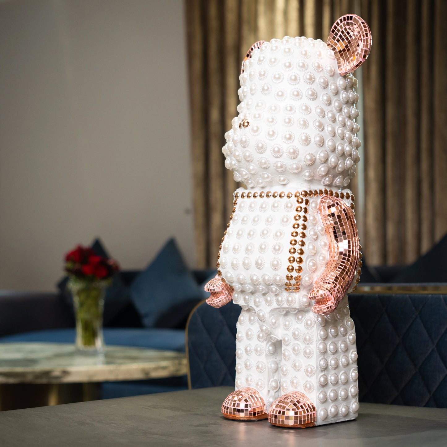 White pearl-studded bear sculpture with rose-gold mirrored accents — Rose Luxe Bear Sculpture by Ghar Art, handcrafted luxury home decor collectible.