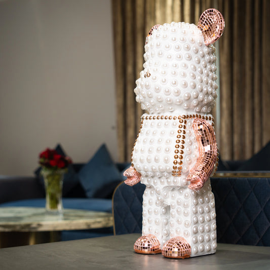 White pearl-studded bear sculpture with rose-gold mirrored accents — Rose Luxe Bear Sculpture by Ghar Art, handcrafted luxury home decor collectible.