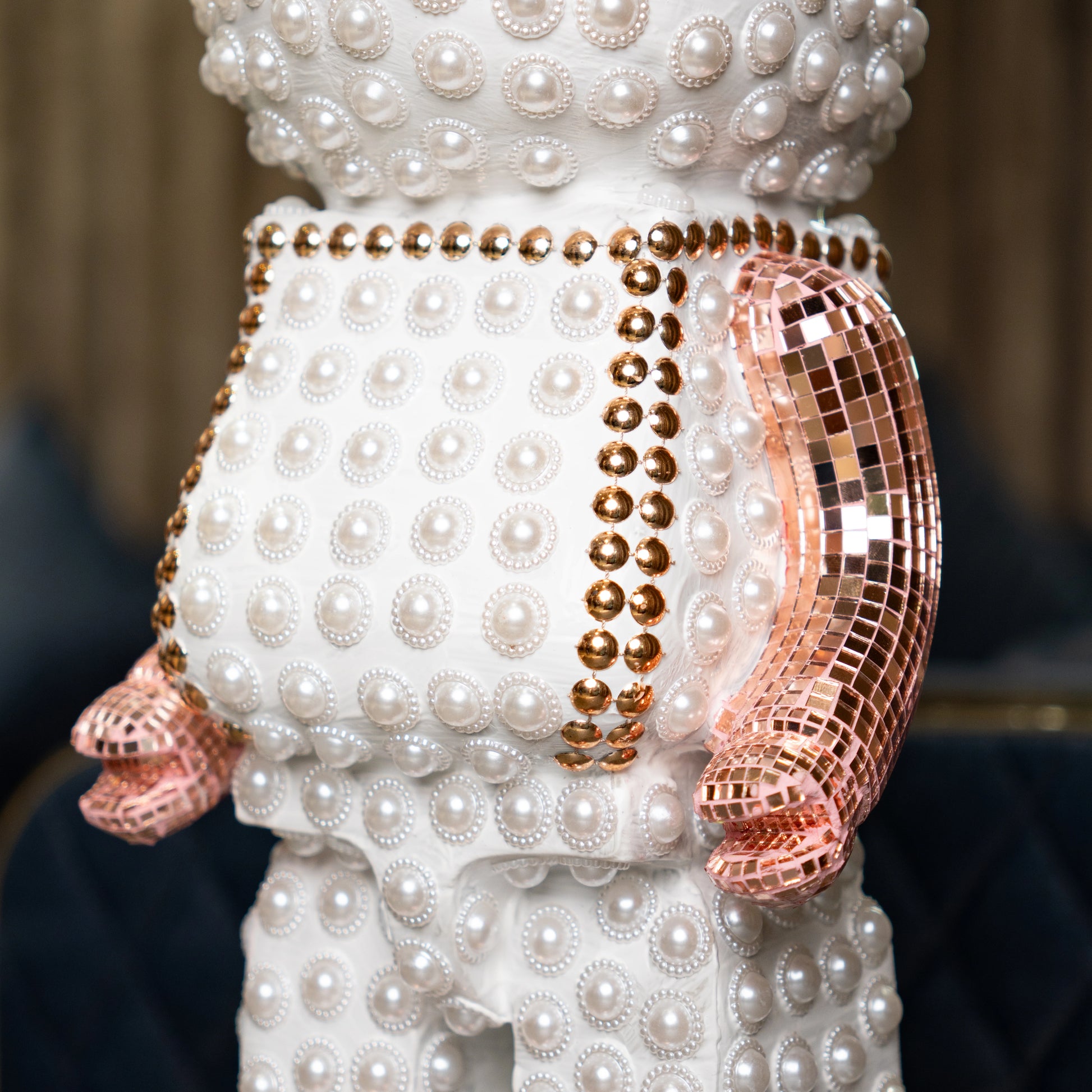 White pearl-studded bear sculpture with rose-gold mirrored accents — Rose Luxe Bear Sculpture by Ghar Art, handcrafted luxury home decor collectible.