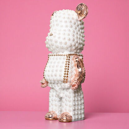 White pearl-studded bear sculpture with rose-gold mirrored accents — Rose Luxe Bear Sculpture by Ghar Art, handcrafted luxury home decor collectible.