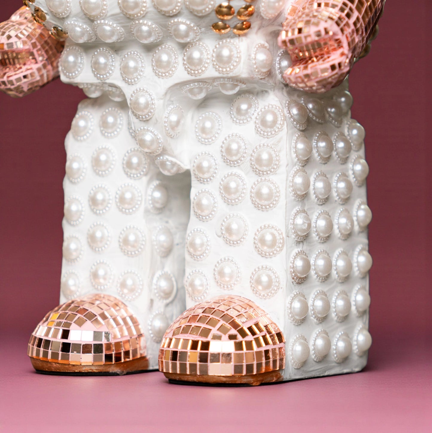 White pearl-studded bear sculpture with rose-gold mirrored accents — Rose Luxe Bear Sculpture by Ghar Art, handcrafted luxury home decor collectible.