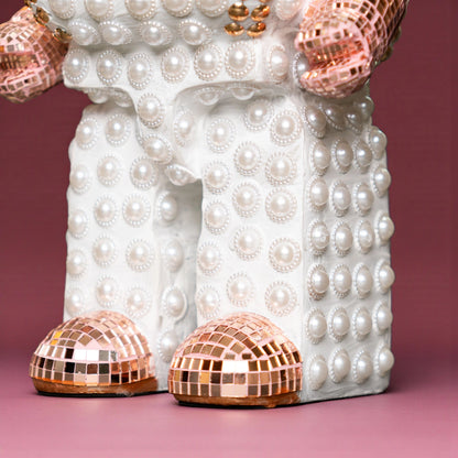 White pearl-studded bear sculpture with rose-gold mirrored accents — Rose Luxe Bear Sculpture by Ghar Art, handcrafted luxury home decor collectible.