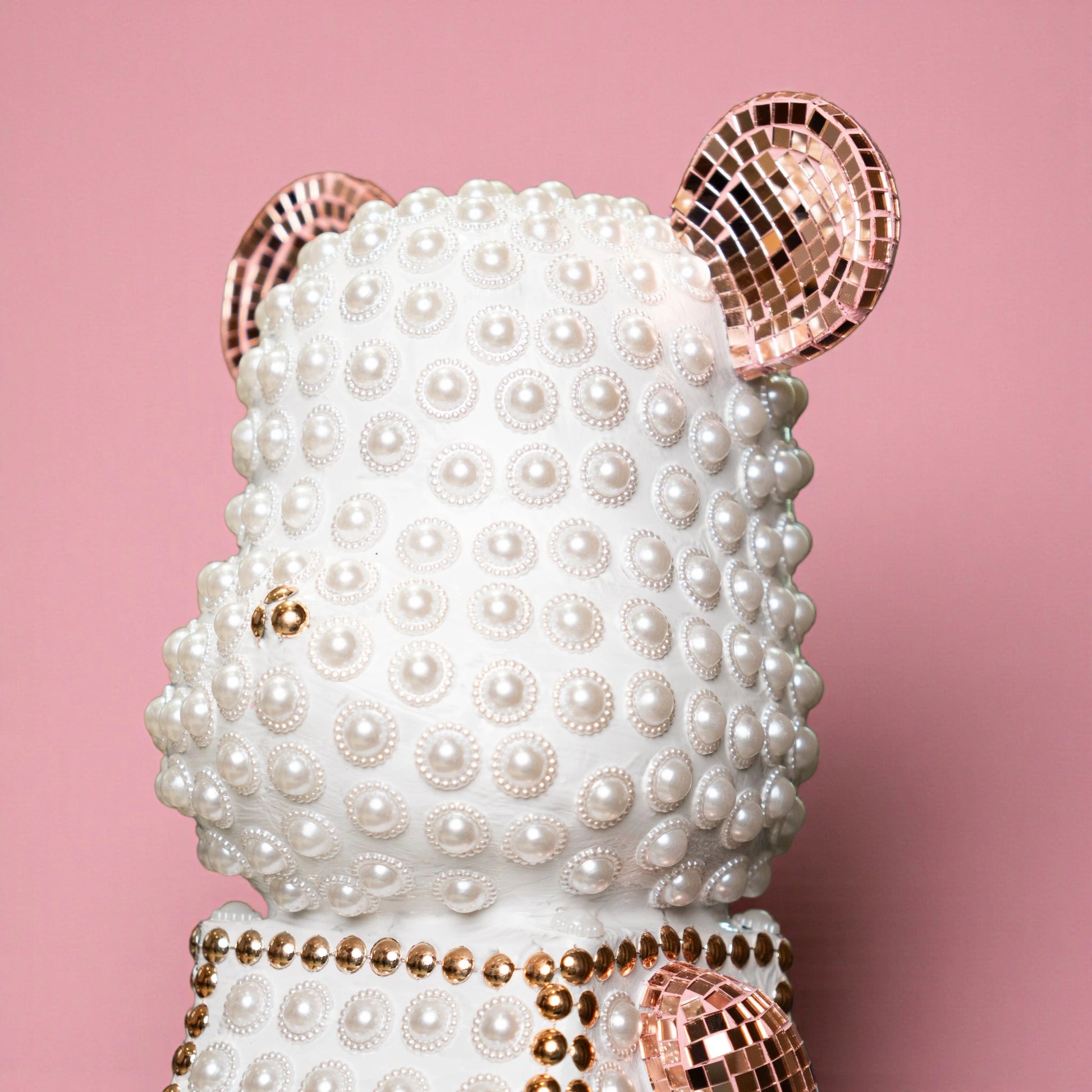 White pearl-studded bear sculpture with rose-gold mirrored accents — Rose Luxe Bear Sculpture by Ghar Art, handcrafted luxury home decor collectible.