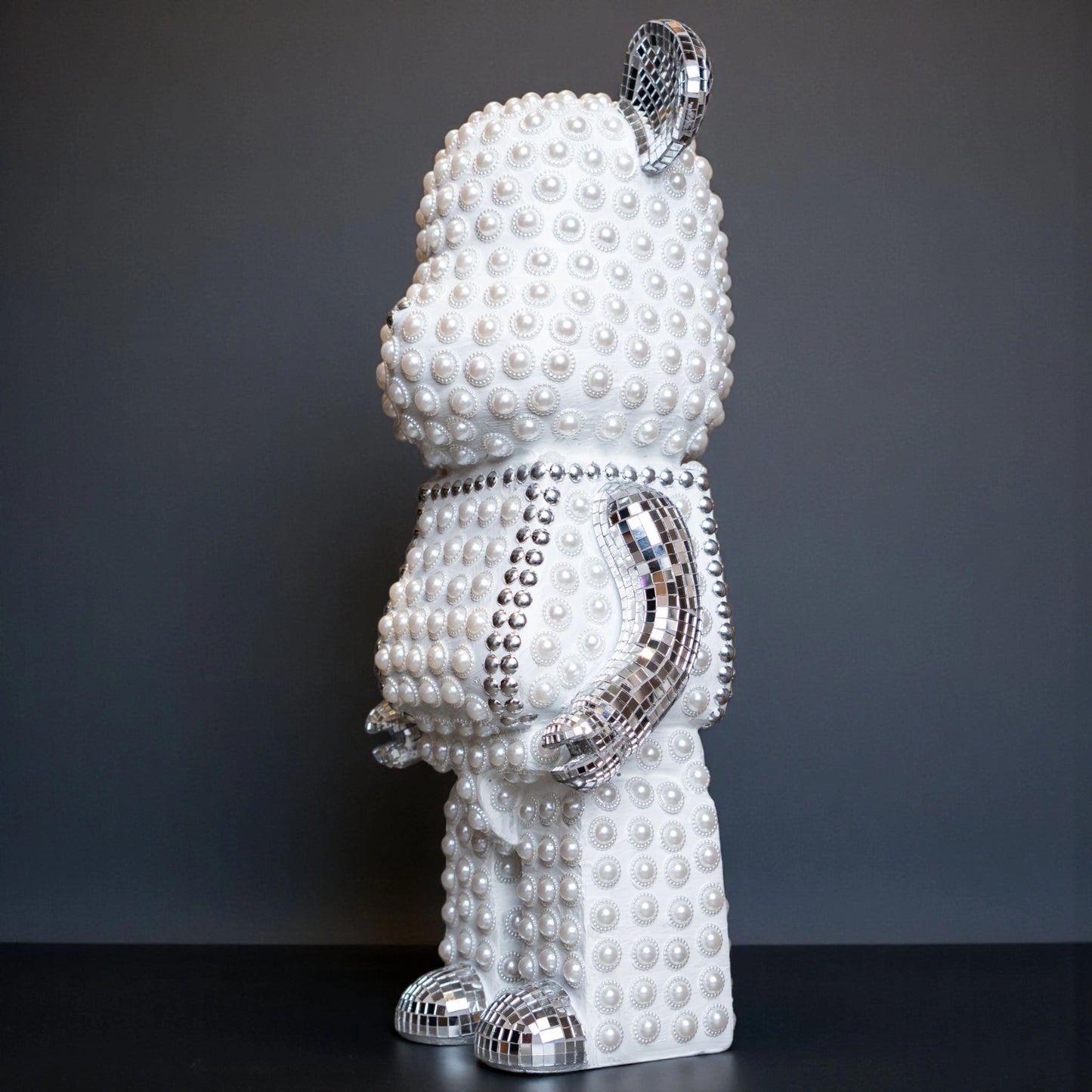 White pearl-studded bear sculpture with silver mirrored accents — Silver Luxe Bear Sculpture by Ghar Art, handcrafted modern luxury home decor collectible.