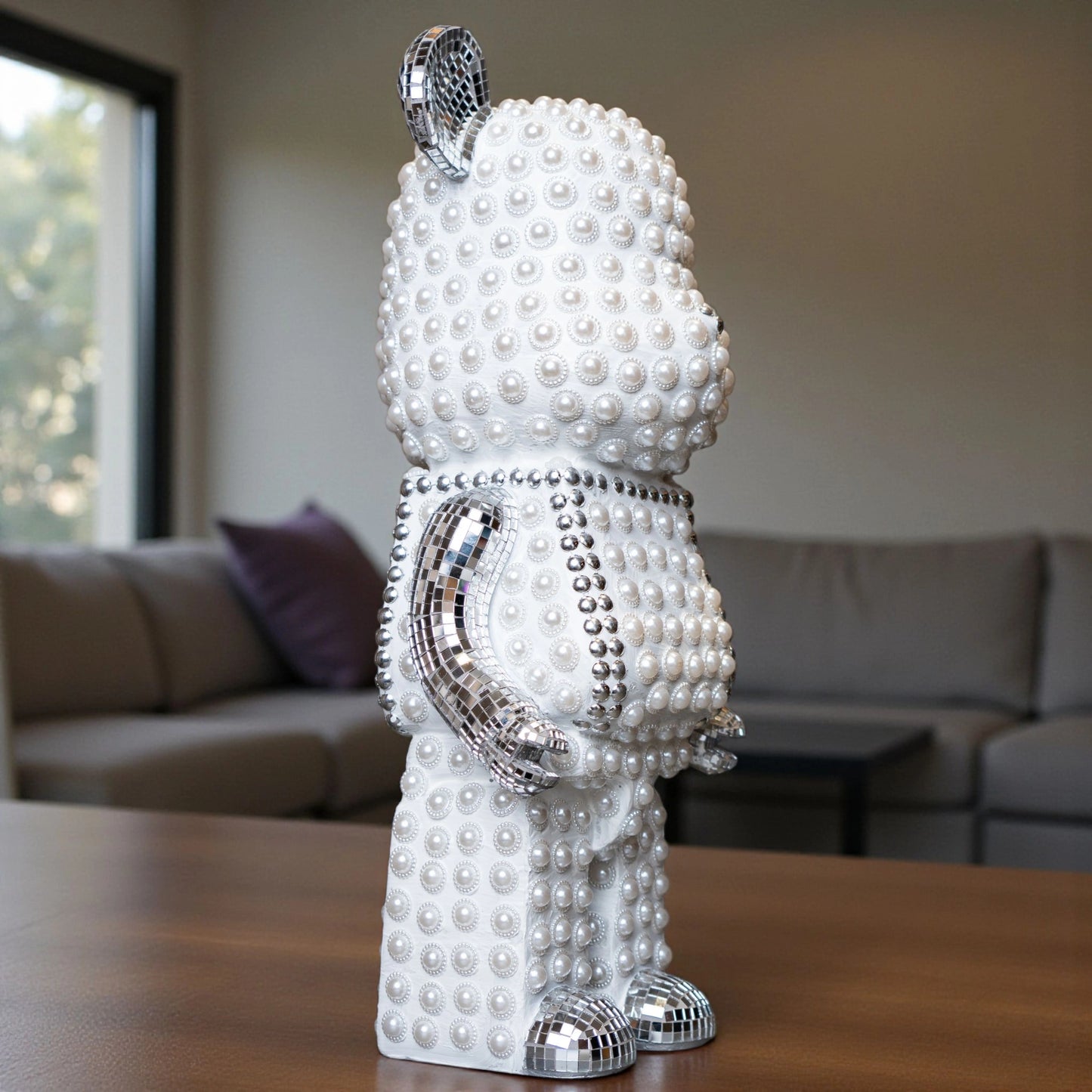 White pearl-studded bear sculpture with silver mirrored accents — Silver Luxe Bear Sculpture by Ghar Art, handcrafted modern luxury home decor collectible.