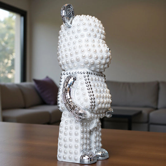 White pearl-studded bear sculpture with silver mirrored accents — Silver Luxe Bear Sculpture by Ghar Art, handcrafted modern luxury home decor collectible.