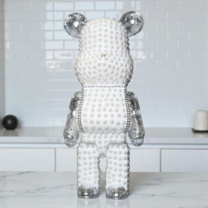 White pearl-studded bear sculpture with silver mirrored accents — Silver Luxe Bear Sculpture by Ghar Art, handcrafted modern luxury home decor collectible.
