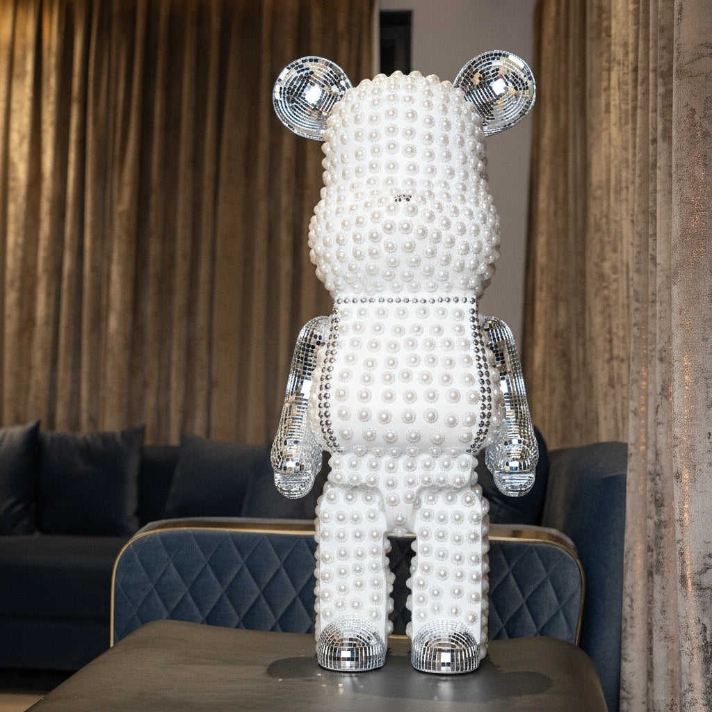 White pearl-studded bear sculpture with silver mirrored accents — Silver Luxe Bear Sculpture by Ghar Art, handcrafted modern luxury home decor collectible.