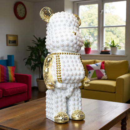 White pearl-studded bear sculpture with gold mirrored accents — Pearl Luxe Bear Sculpture by Ghar Art, handcrafted modern luxury home decor collectible.