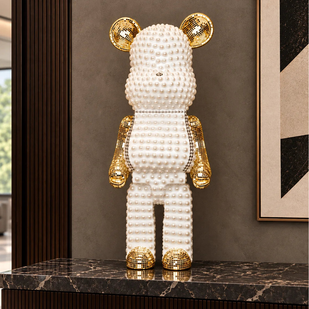 White pearl-studded bear sculpture with gold mirrored accents — Pearl Luxe Bear Sculpture by Ghar Art, handcrafted modern luxury home decor collectible.
