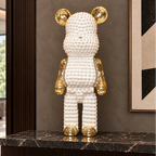 White pearl-studded bear sculpture with gold mirrored accents — Pearl Luxe Bear Sculpture by Ghar Art, handcrafted modern luxury home decor collectible.