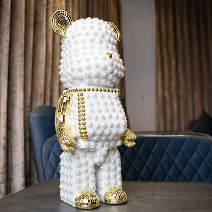 White pearl-studded bear sculpture with gold mirrored accents — Pearl Luxe Bear Sculpture by Ghar Art, handcrafted modern luxury home decor collectible.