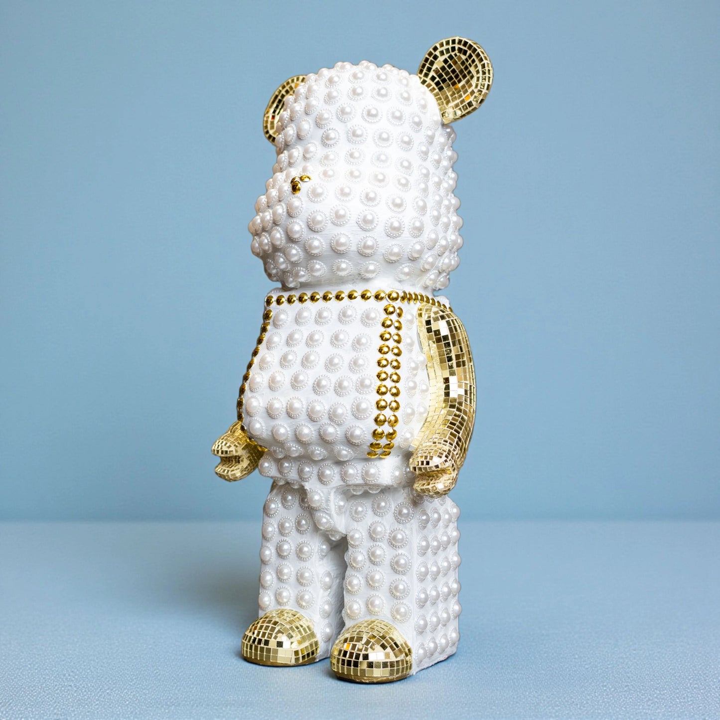 White pearl-studded bear sculpture with gold mirrored accents — Pearl Luxe Bear Sculpture by Ghar Art, handcrafted modern luxury home decor collectible.