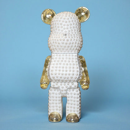 White pearl-studded bear sculpture with gold mirrored accents — Pearl Luxe Bear Sculpture by Ghar Art, handcrafted modern luxury home decor collectible.