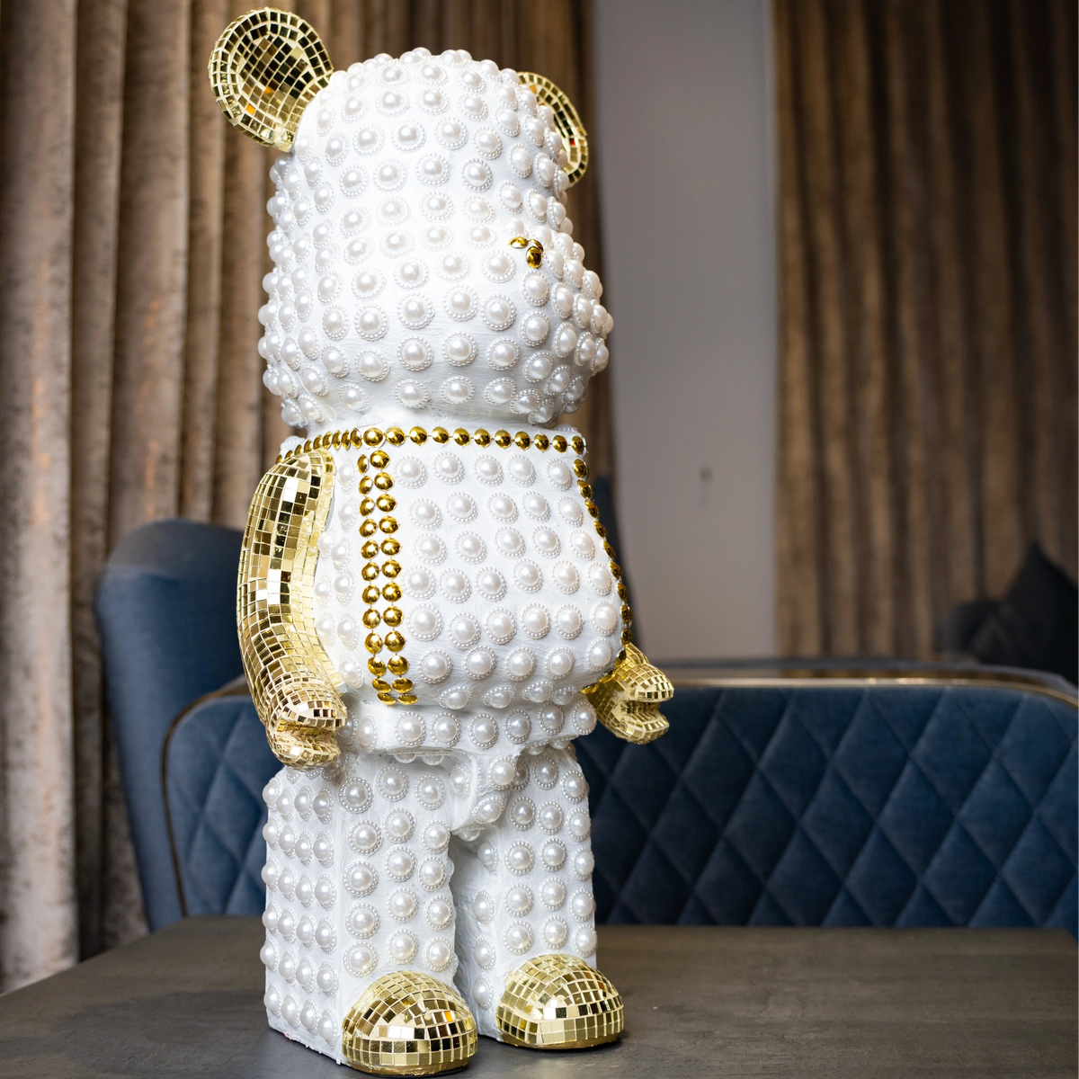 White pearl-studded bear sculpture with gold mirrored accents — Pearl Luxe Bear Sculpture by Ghar Art, handcrafted modern luxury home decor collectible.