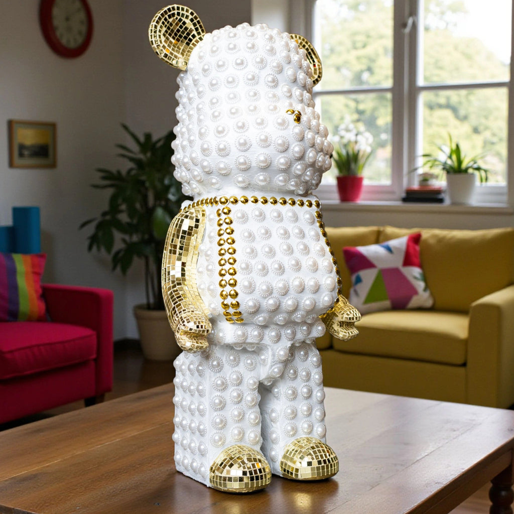 White pearl-studded bear sculpture with gold mirrored accents — Pearl Luxe Bear Sculpture by Ghar Art, handcrafted modern luxury home decor collectible.