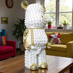 White pearl-studded bear sculpture with gold mirrored accents — Pearl Luxe Bear Sculpture by Ghar Art, handcrafted modern luxury home decor collectible.