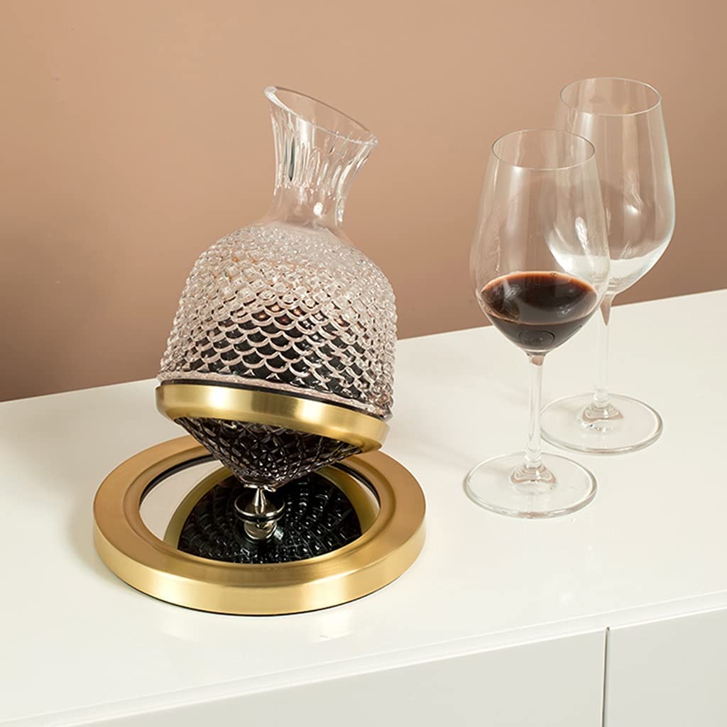 Modern whiskey serving decanter placed on a wooden coffee table in a sophisticated living room setup