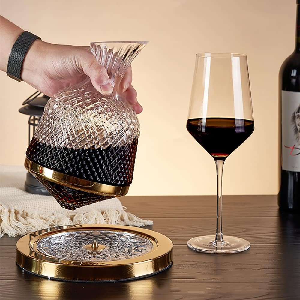 Modern whiskey serving decanter placed on a wooden coffee table in a sophisticated living room setup