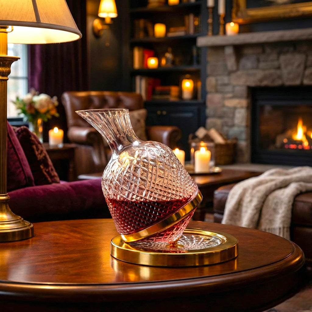 Luxury crystal whiskey decanter with gold accent ring displayed on a decorative tray in an elegant living room setting