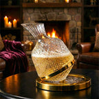 Modern whiskey serving decanter placed on a wooden coffee table in a sophisticated living room setup
