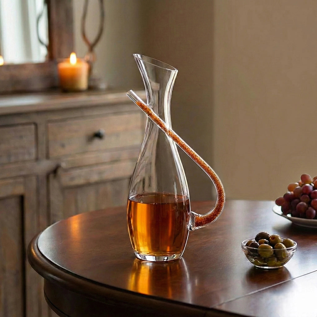 Modern handcrafted glass wine decanter carafe with artistic curved handle design for luxury dining, wine serving and contemporary bar decor