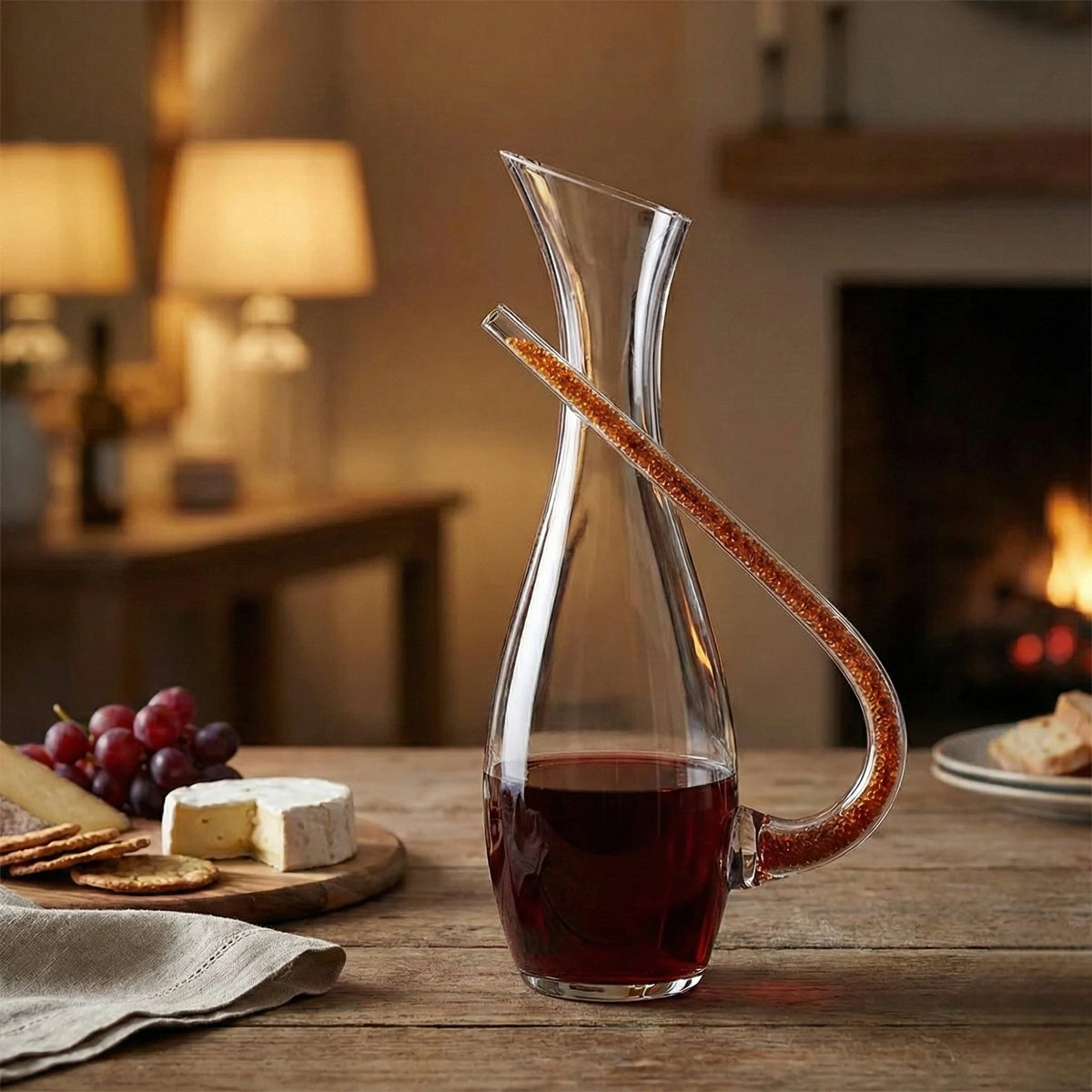 Modern handcrafted glass wine decanter carafe with artistic curved handle design for luxury dining, wine serving and contemporary bar decor