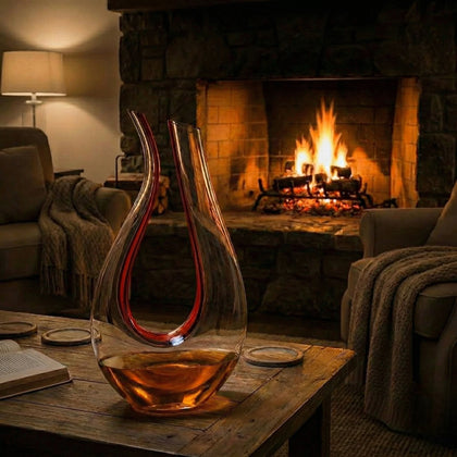 Elegant crystal wine decanter with a curved modern silhouette displayed on a rustic wooden table beside a cozy fireplace setting